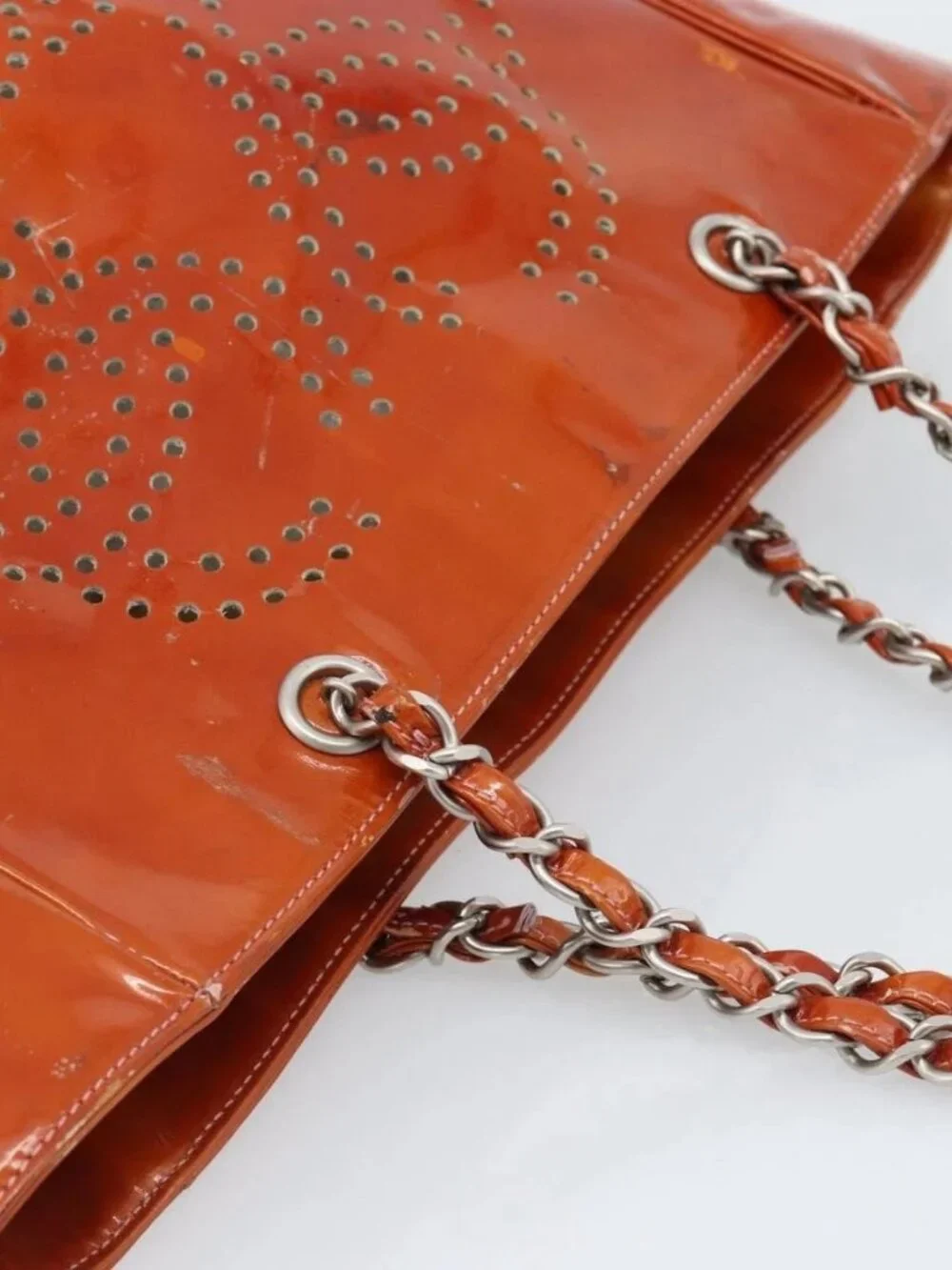 CHANEL Triple Coco Chain Tote Bag Patent leather Orange Silver CC Auth bs18659